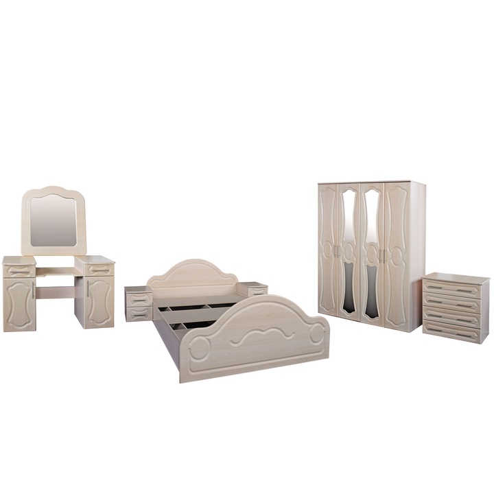 Set Dormitor DANY, cu Dulap 4 Usi, Comoda, Pat si Noptiere, MDF Mesteacan
