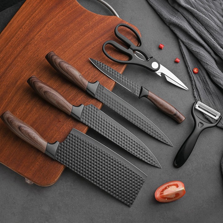 Set CuDeToate 6 Piese, Cutite si Ustensile de Bucatarie, 4 Cutite cu Lame Negre Texturate, Foarfeca, Curatator