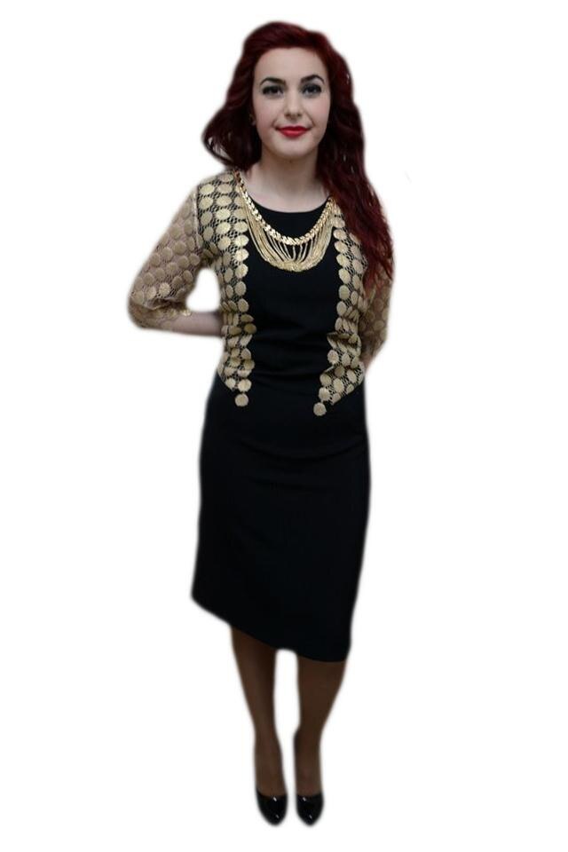 Rochie chic,design modern cu buline, D&J Exclusive, Negru/Auriu