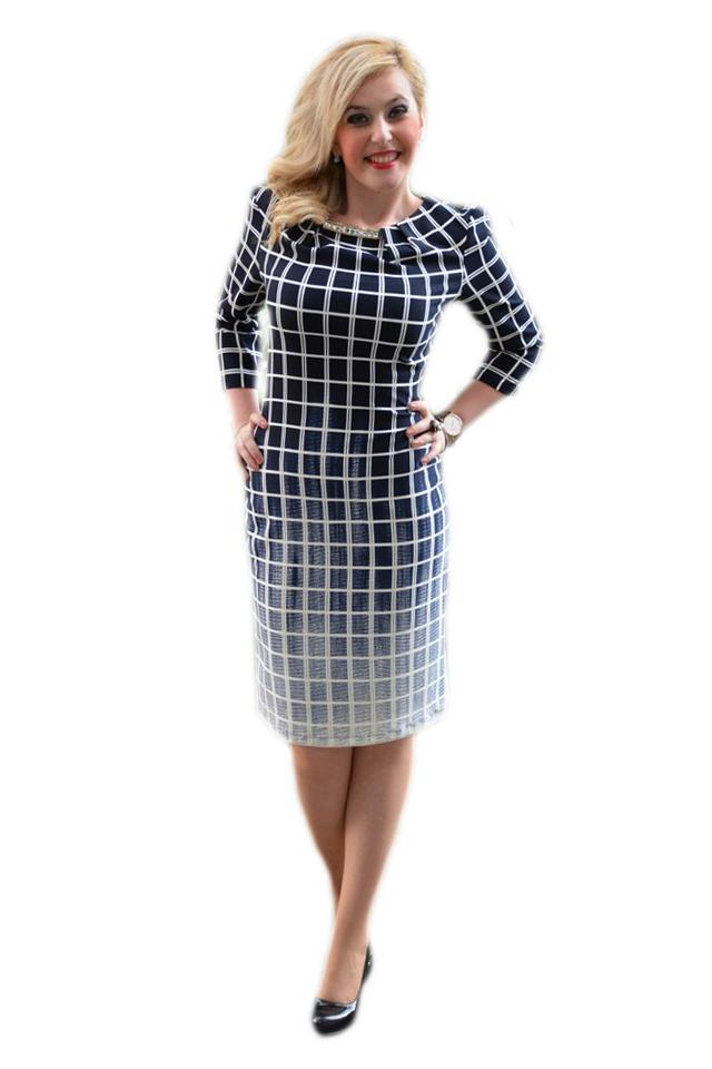 Rochie moderna, cu design geometric, D&J Exclusive, Bleumarin/Alb