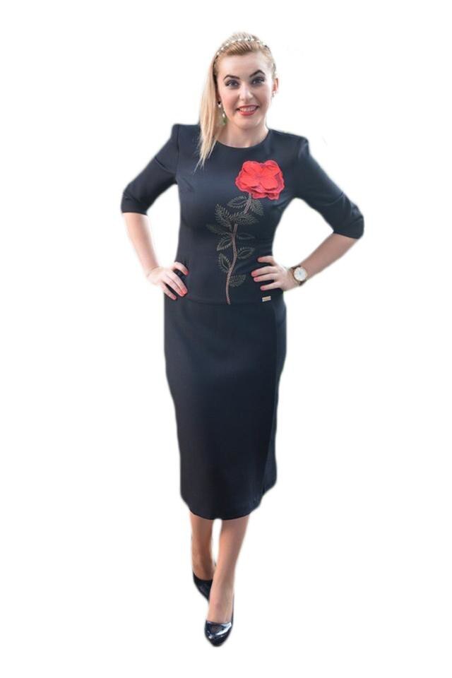 Rochie cu design floral, iesit usor in relief, D&J Exclusive, Negru