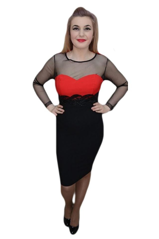 Rochie de ocazie cu maneca transparenta, D&J Exclusive,, Negru/Rosu