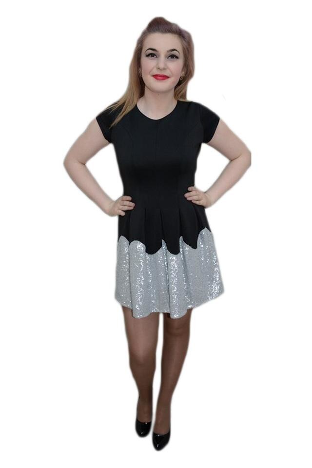 Rochie eleganta cu croi evazat si design de paiete , D&J Exclusive, Negru/Argintiu