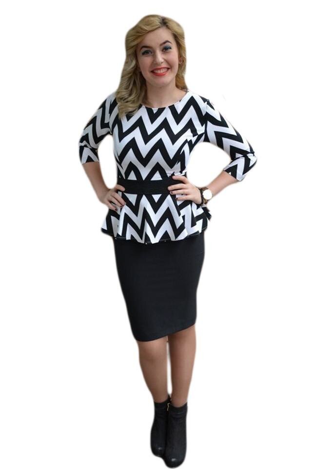 Rochie tip costum cu elastic si peplum in talie, D&J Exclusive,, Negru/Alb