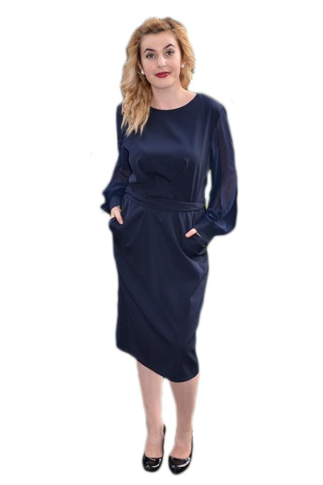 Rochie trendy de primavara, maneca de voal, D&J Exclusive, Bleumarin