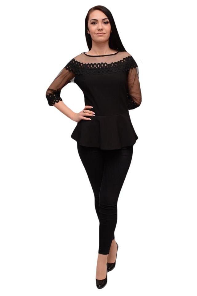Bluza cu guler tip volan si insertie de snur, D&J Exclusive, Negru