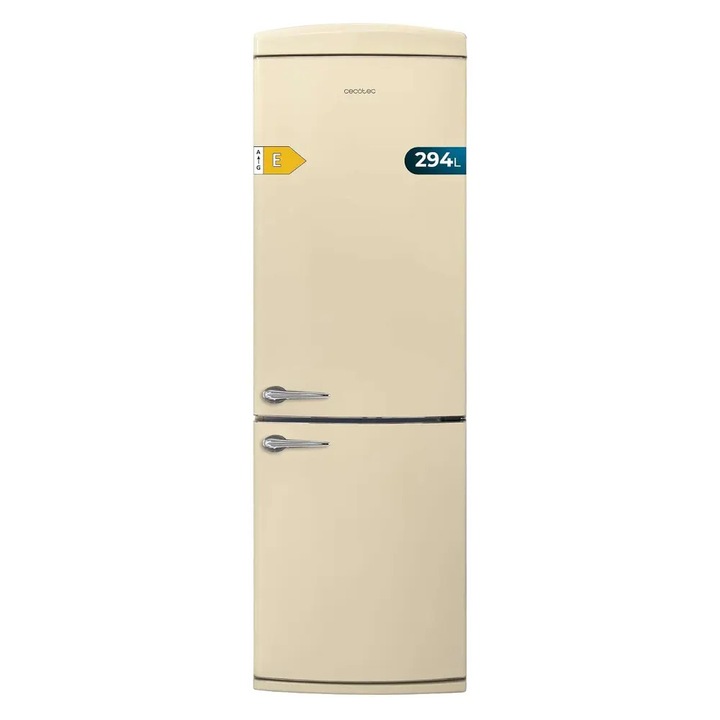 Combina frigorifica Retro Cecotec, Bolero CoolMarket Combi Origin, 294 litri, H 190 cm, congelator 88 litri, sistem Multi AirFlow, Total No Frost, sertar convertibil, filtru carbon, mod ECO, deschidere pe dreapta, bej