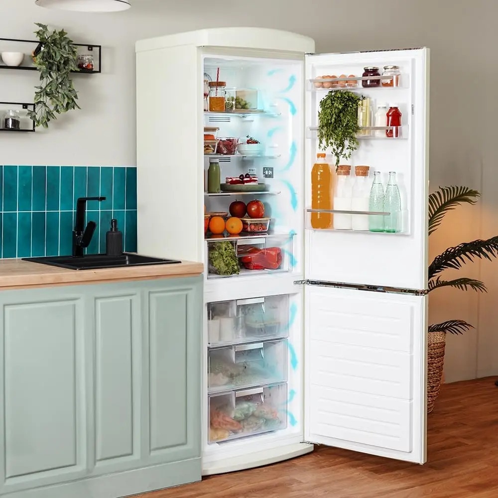 Combina frigorifica Retro Cecotec, Bolero CoolMarket Combi Origin, 294 litri, H 190 cm, congelator 88 litri, sistem Multi AirFlow, Total No Frost, sertar convertibil, filtru carbon, mod ECO, deschidere pe dreapta, bej