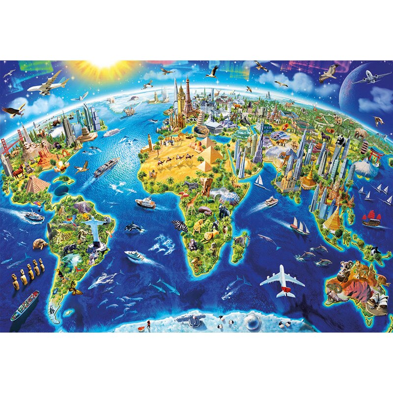 Puzzle Educa - World Landmarks Globe, Adrian Chesterman, 2000 piese, include lipici puzzle (17129)