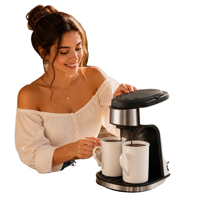Cafetiera electrica cu filtru 8785373480612, duza dubla pentru 2 cesti, 450 W, plastic, alb, 220-240 V