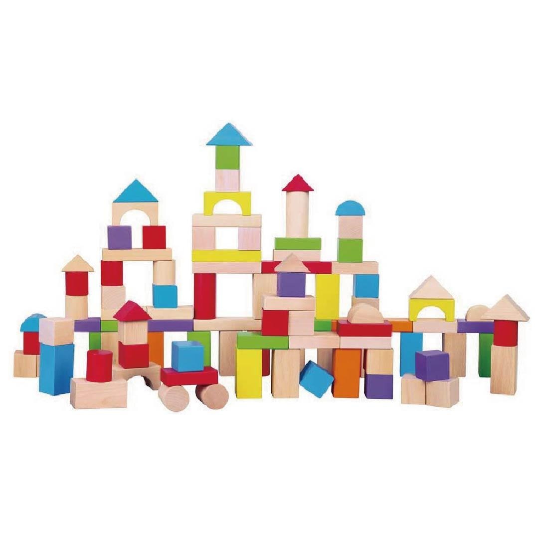 Set de 100 buc cuburi de contructii COLORATE lemn