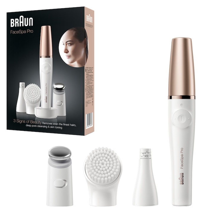 Епилатор Facial, Braun FaceSpa Pro, SE911, 3 in 1, 10 пинсети, Таймер, Презареждащ, Бял/Златист