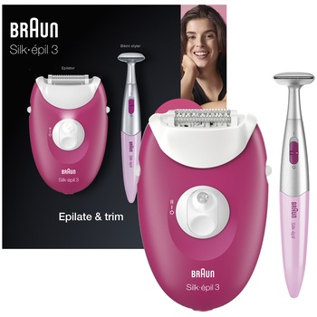 Epilator Braun Silk-épil 3 3-420, 20 pensete, 2 viteze, + Trimmer, Roz Epilator Braun Silk-épil 3 3-420, 20 pensete, 2 viteze, + Trimmer, Roz
