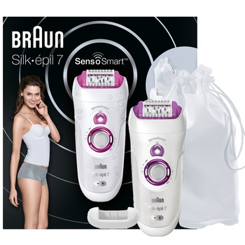 Epilator Braun Silk-épil 7 7/700 SensoSmart™ Wet&Dry, 40 pensete, 2 viteze, Saculet pentru voiaj, Alb/Roz Epilator Braun Silk-épil 7 7/700 SensoSmart™ Wet&Dry, 40 pensete, 2 viteze, Saculet pentru voiaj, Alb/Roz