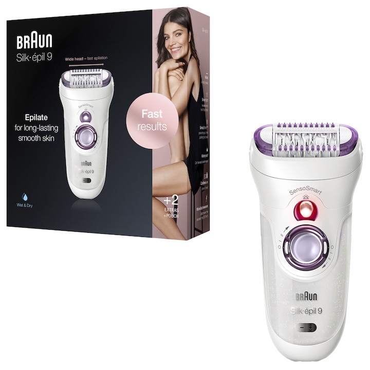 Epilator Braun Silk-épil 9 9/700 SensoSmart™, Micro-Grip, Wet & Dry, 40 pensete, 2 viteze, Saculet pentru voiaj, Alb/Mov