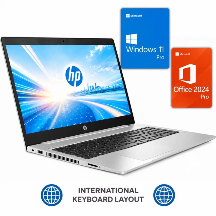 Laptop HP ProBook 455, AMD Ryzen 5 4500U, 8GB Memory, 256GB SSD, 15.6" FullHD, Silver, International Layout, Windows 11 Pro + Office 24 Pro