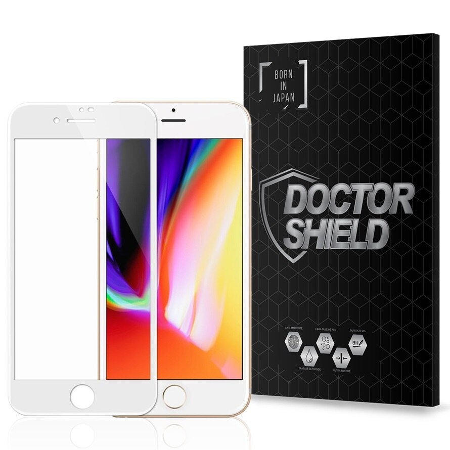 Folie Sticla Dr.Shield, Apple iPhone 8, Protectie Profesionala Ecran 3D, Full Cover- Alb