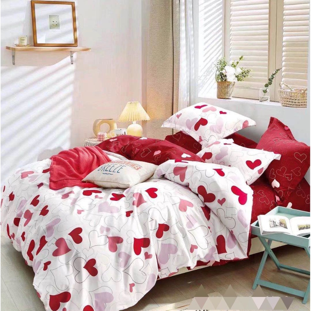 Lenjerie de pat din finet gros, 6 piese, JOJO HOME cu 2 fete,Imprimeu Inimi Rosii si Roz