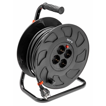 Prelungitor cu tambur 50m, 4 prize Schuko, cablu HO5VV-F 3X1.5 mm², 16A/3600W, negru Prelungitor cu tambur 50m, 4 prize Schuko, cablu HO5VV-F 3X1.5 mm², 16A/3600W, negru