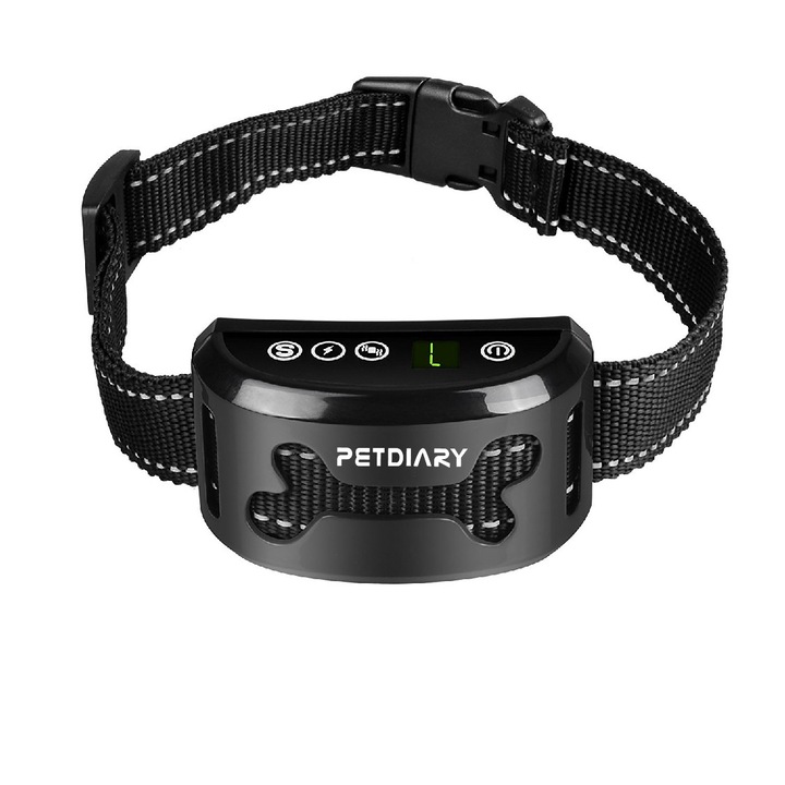 Автоматична каишка против лай Petdiary™, Регулируема, 7 нива, Зареждаема, Три независими функции, Звук, Вибрация, Импулси, Гумени електроди, Устойчивост на дъжд, Светлоотразителна лента, Патентован дизайн, Черен, Безплатна консултация