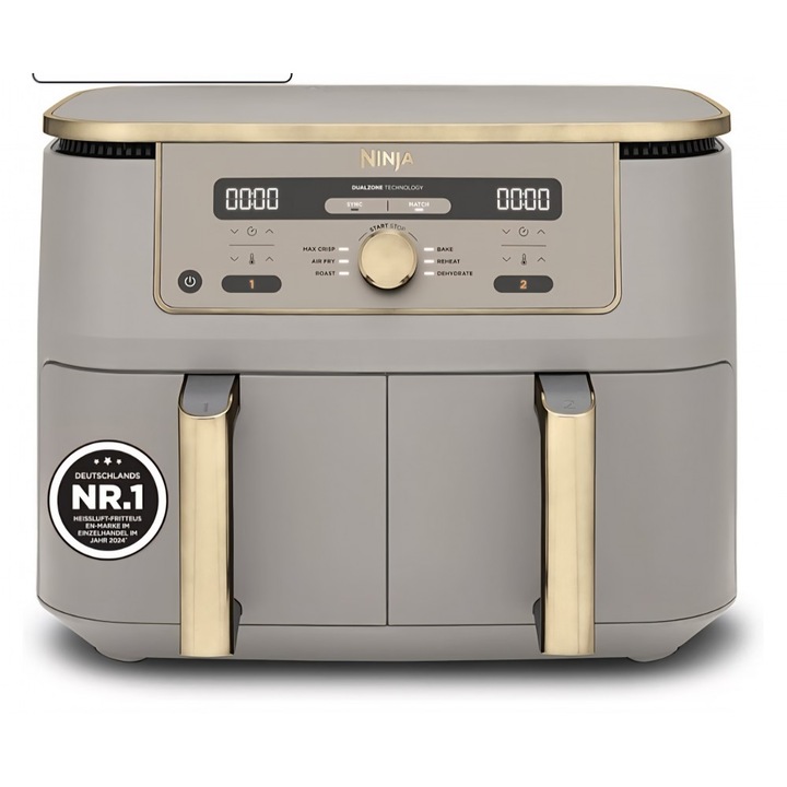 Air Fryer, Ninja Dual Zone DZ400EUSTGD, 9, 5 L, 2 sertare, 6-in-1, Max Crisp, Roast, Bake si Reheat, Stone/Gold