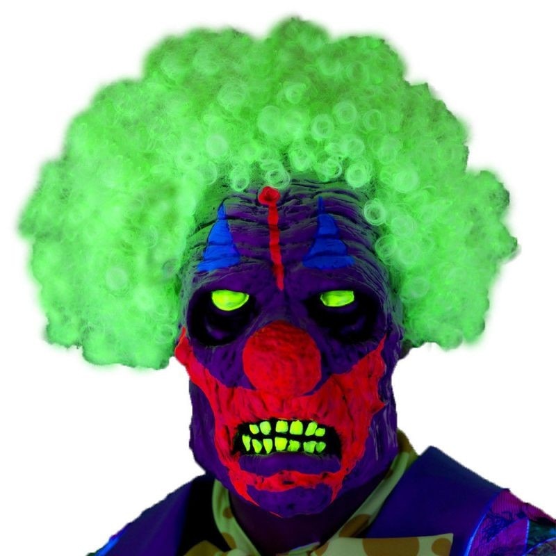 Masca Clown UV cu par afro, latex multicolor, aspect horror