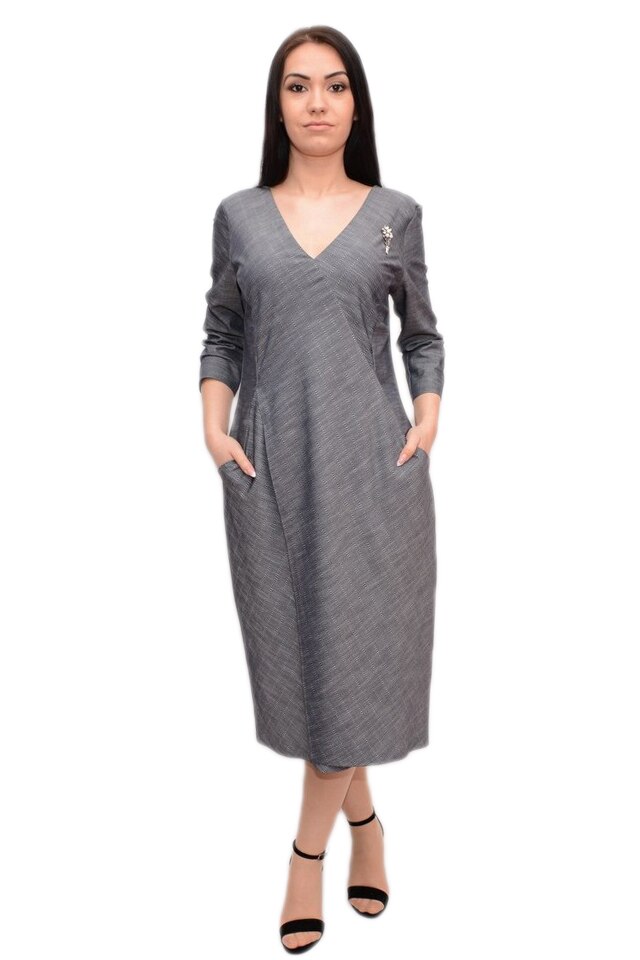 Rochie chic cu buzunare apretate si decolteu in V, D&J Exclusive, Gri