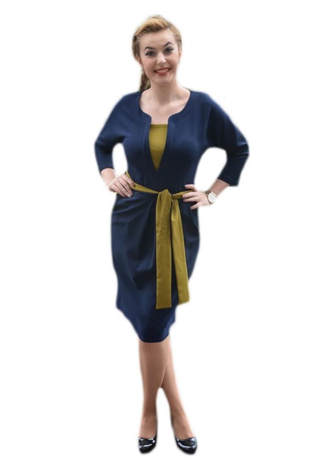 Rochie casual cu buzunare si cordon in talie, D&J Exclusive, Bleumarin