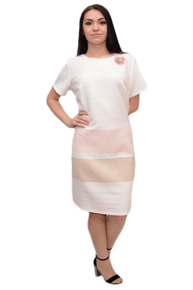 Rochie rafinata cu dungi orizontale si insertii de paiete mici , D&J Exclusive, Alb