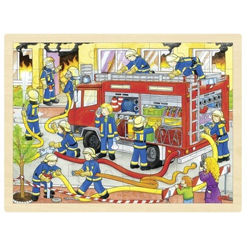 Puzzle lemn mare masina pompieri in actiune , 48 piese in rama lemn , Goki Puzzle lemn mare masina pompieri in actiune , 48 piese in rama lemn , Goki
