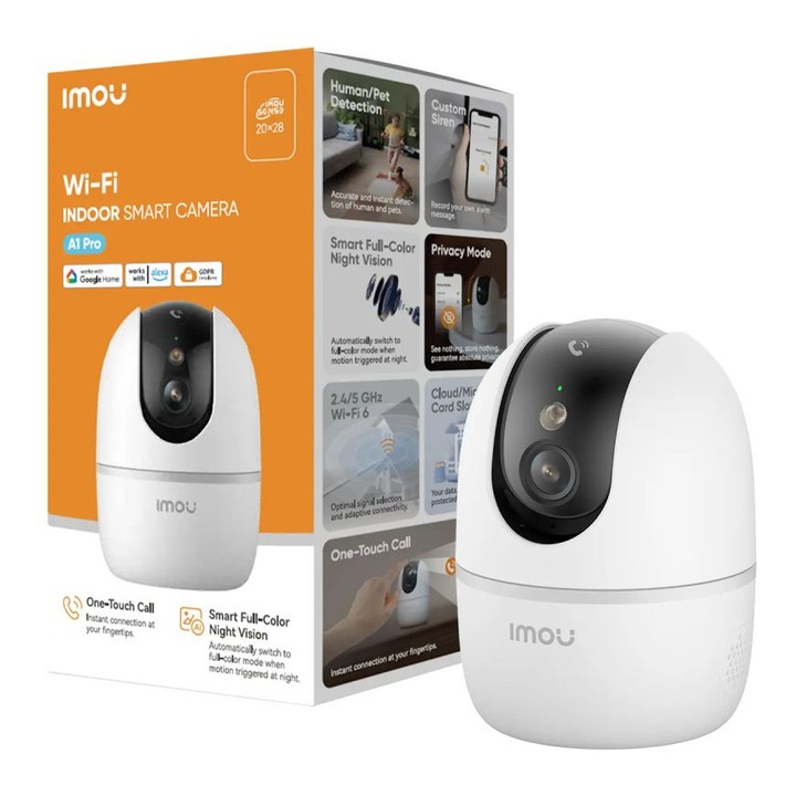Camera de supraveghere indoor IMOU A1 Pro (IPC-S2E1P-8X0S), 4K, Dual-Band Wi‑Fi 6 2.4/5 GHz, vedere nocturna color, microSD, audio bidirectional, alb/negru