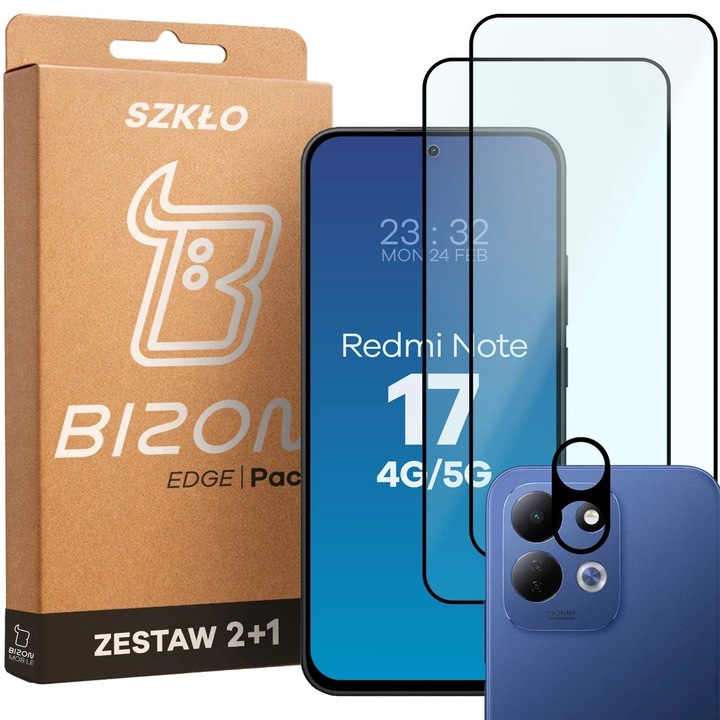 Set protectie 3in1 Bizon Glass Edge Pack, 2 folii sticla ecran + 1 folie sticla camera foto, compatibil cu Xiaomi Redmi Note 17, Negru