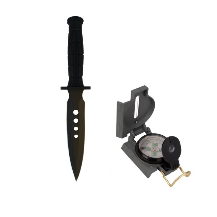 Комплект метален военен компас WRG Compass B3 и ловен нож Shaitan Black 30 cm