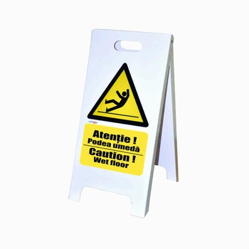 Indicator bilingv semnalizare Podea umeda Wet floor, 60X35cmx2 fete Indicator bilingv semnalizare Podea umeda Wet floor, 60X35cmx2 fete