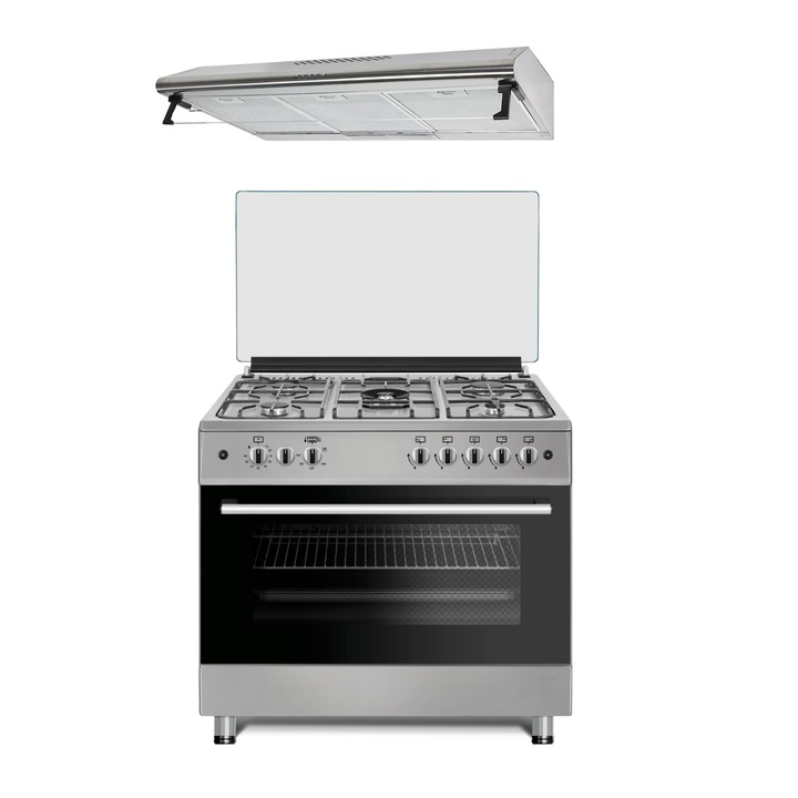 Pachet Aragaz pe gaz Studio Casa Milano 90/60 si hota clasica inox 90 cm, 5 arzatoare gaz, dintre care 1 Wok, 90 x 60 cm, Grill electric, Aprindere electrica din buton, Inox / Laterale argintii