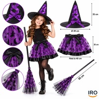 Costum Halloween Vrajitoare IRO pentru Fete, Set 3 Piese, Fusta Tutu Mov din Tul, Palarie Neagra cu Panglica Mov si Matura 85 cm, Costum Carnaval Copii, Deghizare pentru Petreceri Tematice si Serbari