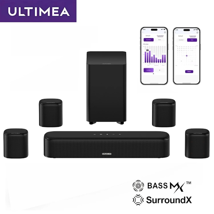 Soundbar Corenia Aura A40 QRE-5020316, 7.1 canale, 330 W, Bluetooth 5.3, difuzoare spate si subwoofer wireless, control prin aplicatie, negru