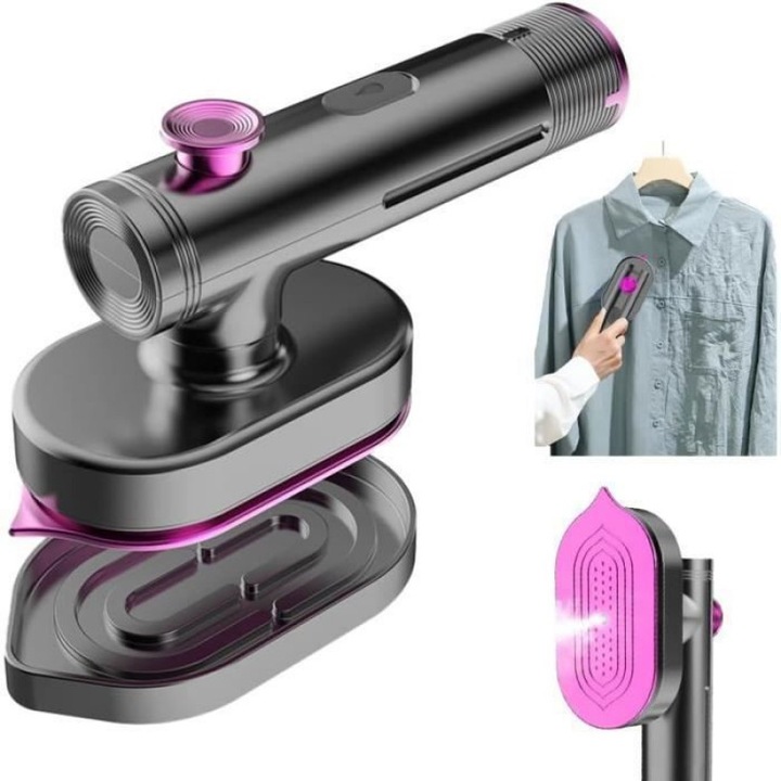 Mini fier de calcat cu aburi 261001NOBM60159, 40 W, 170 °C, rezervor 60 ml, maner pliabil 0°–90°, talpa substrat titan, corp ABS, violet/gri, 20,5 × 17 × 9,5 cm
