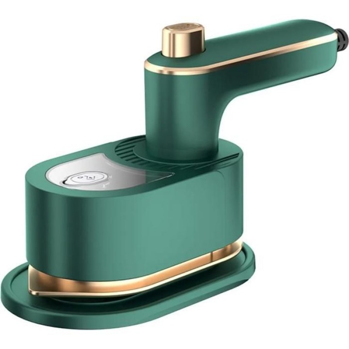 Mini fier de calcat cu aburi 261001NOBM64868, talpa ceramica, incalzire in 30 s, pliabil, pentru calatorie, verde/auriu