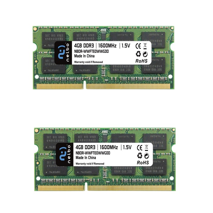 Комплект оперативна памет Nelbo 8 GB (2 x 4 GB), sodimm, DDR3, 1600 Mhz, Двуканална, За лаптоп