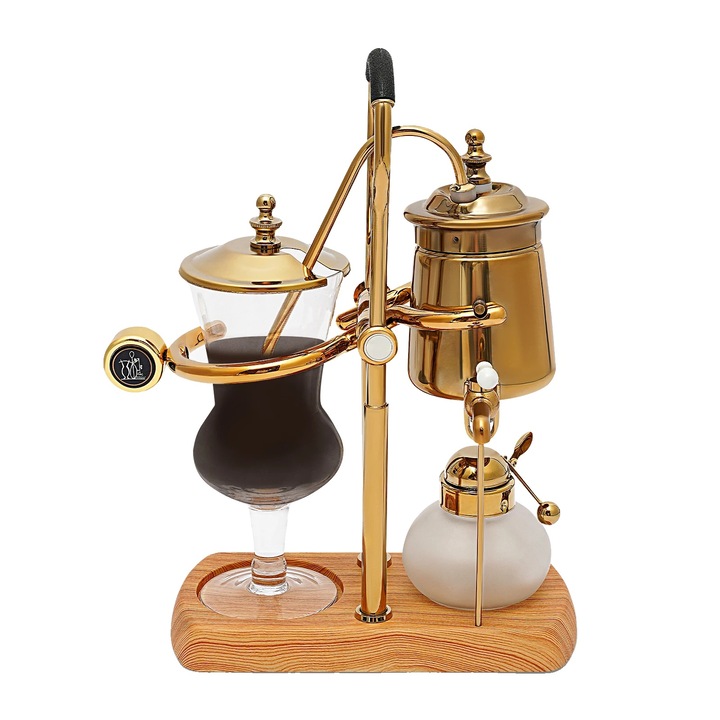 Cafetiera sifon, borosilicat, capacitate 400 ml, manuala, finisaj electroplacare titan, componente inox si ABS, baza lemnoasa, auriu/transparent, 23.5 x 12 x 38 cm