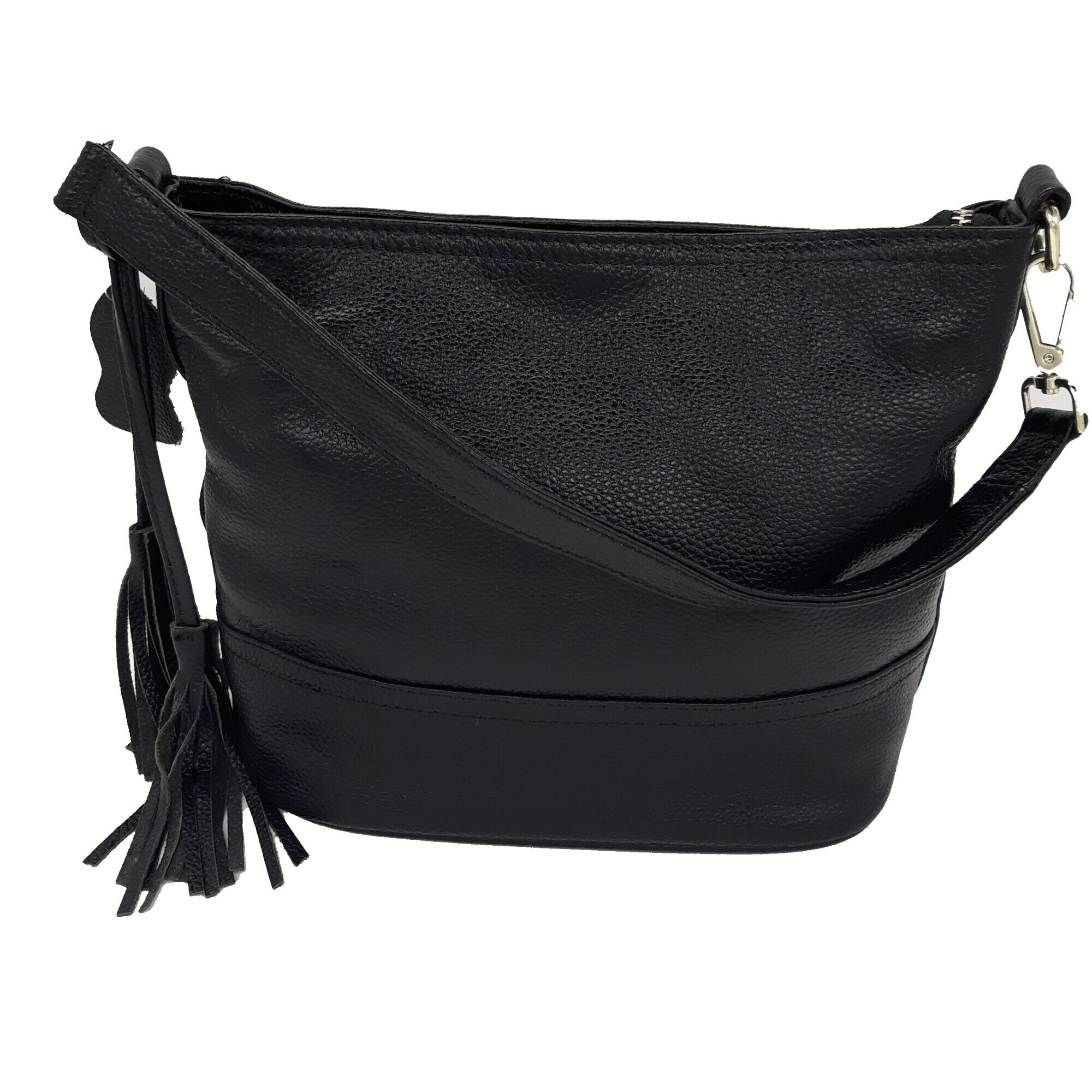 Geanta dama din piele naturala, negru, cu doi ciucuri, dimensiune:25/12/25 cm