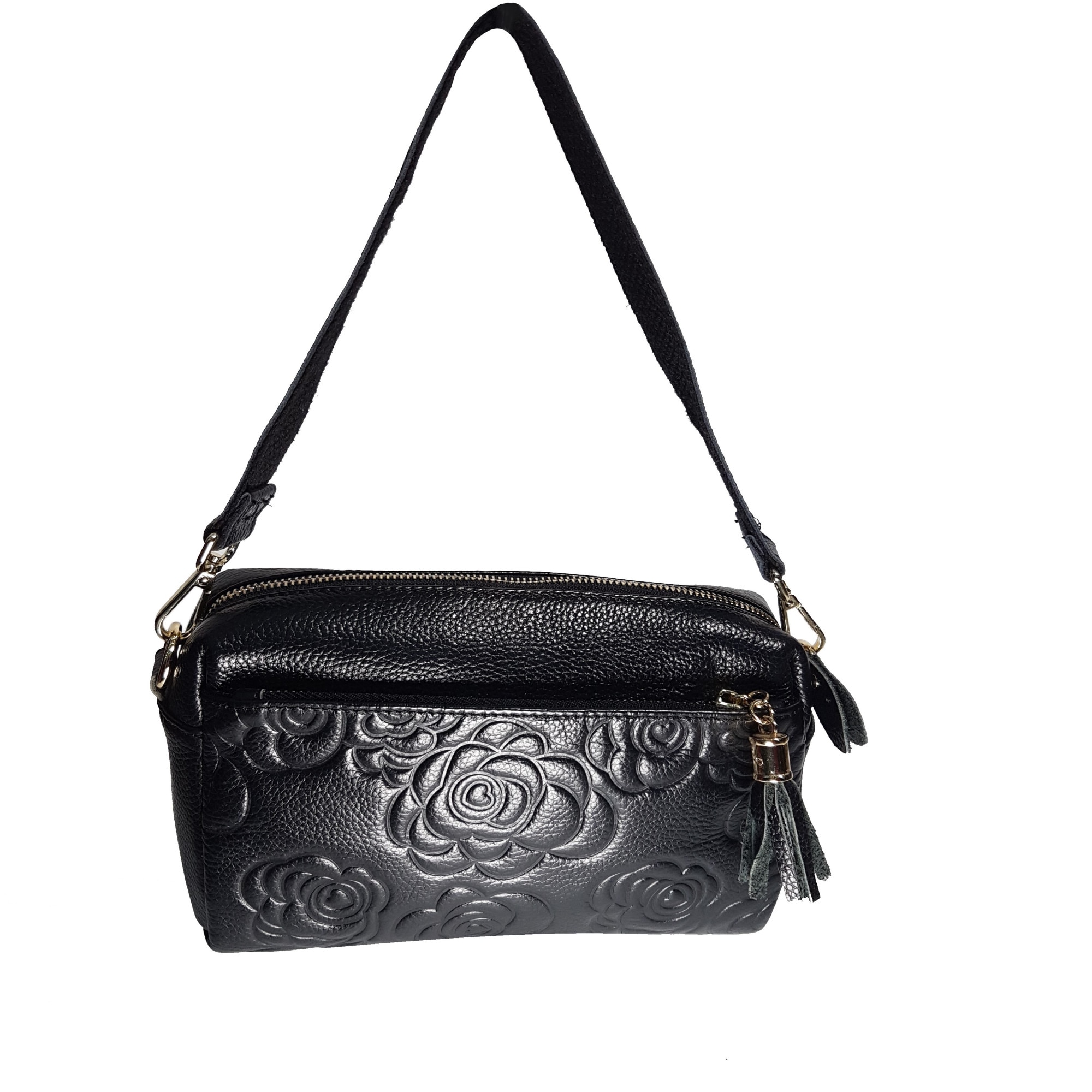 Geanta dama din piele naturala, negru, cu model floral, bareta de umar, dimensiune: 25/8/21 cm