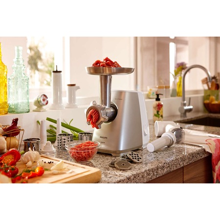 Masina de tocat carne Philips Viva Collection HR2723/20, 1800 W, 2.3 kg/min, 3 discuri pentru tocat, Accesorii pentru umplerea carnatilor, Alb/Gri