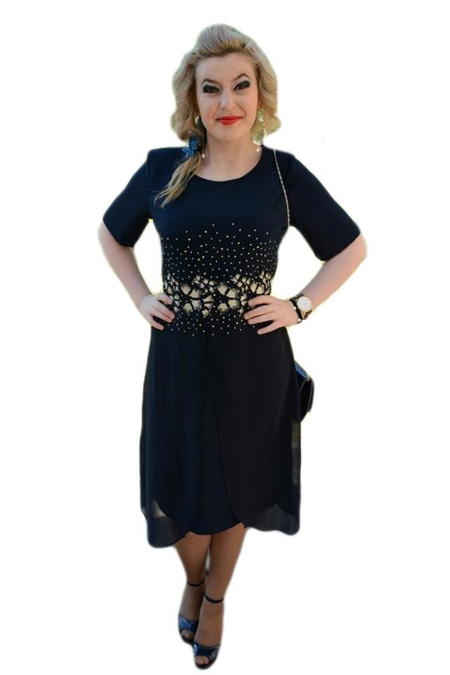 Rochie eleganta cu strasuri si broderie, D&J Exclusive, Albastru marin