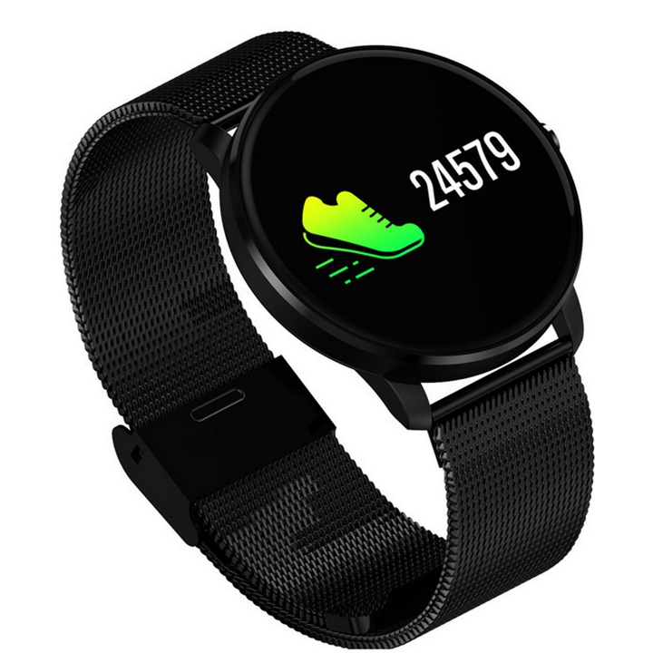 Ceas Smartwach Crimson 2018 plus, display color curea metalica, design elegant, G-senzor, Monitorizare bataile inimii, Android/ios, culoare negru