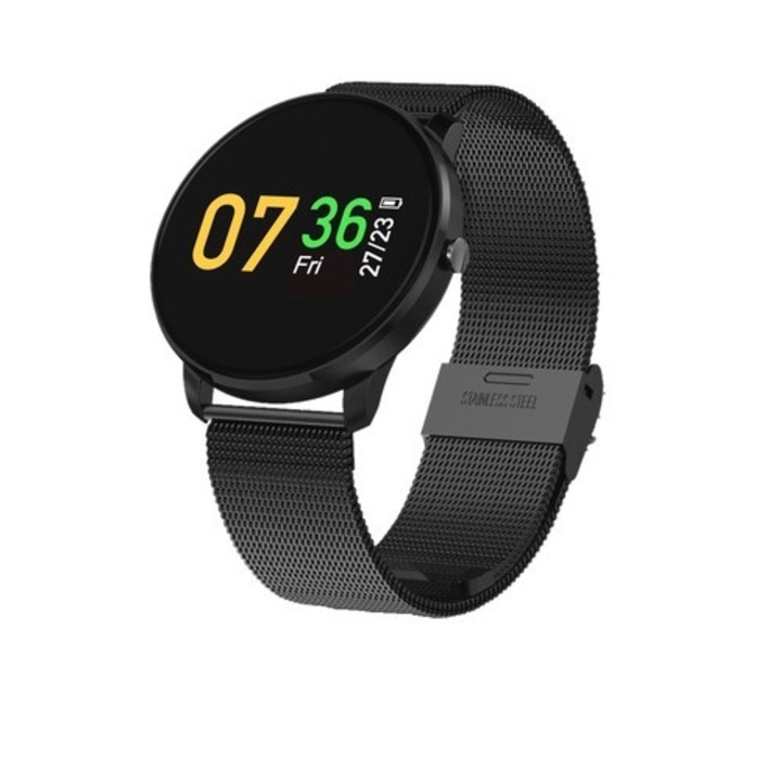 Ceas Smartwach Crimson 2018 plus, display color curea metalica, design elegant, G-senzor, Monitorizare bataile inimii, Android/ios, culoare negru