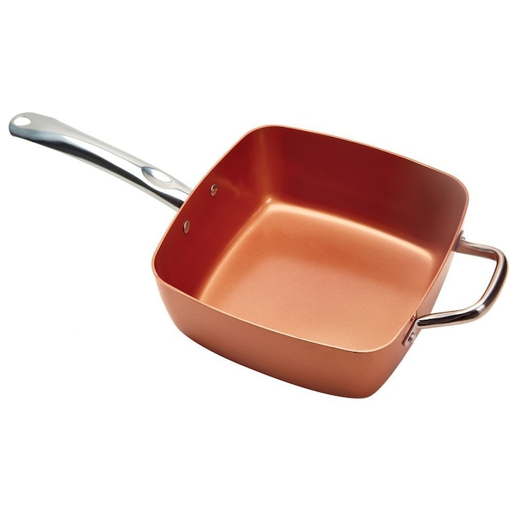 Многофункционален квадратен тиган Cooking, С капак, Дръжки от неръждаема, Сито за пържене, 5 части