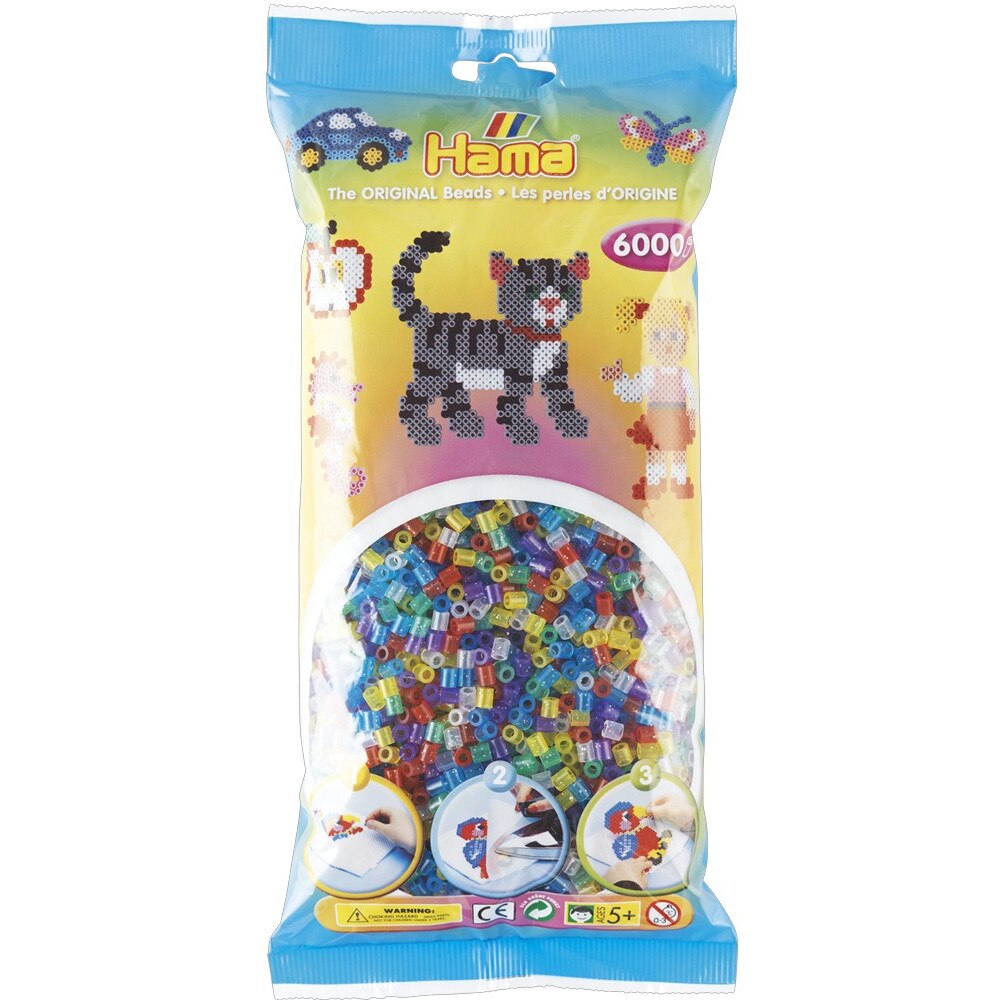 Margele de calcat HAMA MIDI mix 6 culori transparente cu sclipici, 6000 buc in pungulita