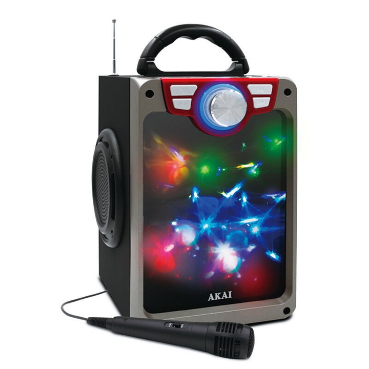 Преносим аудио високоговорител AKAI Boombox, Активен, Диско светлини, USB, Bluetooth, Включен кабелен микрофон